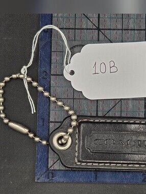 Coach Black Leather Stitched Tag Key Fob with Silver Chain